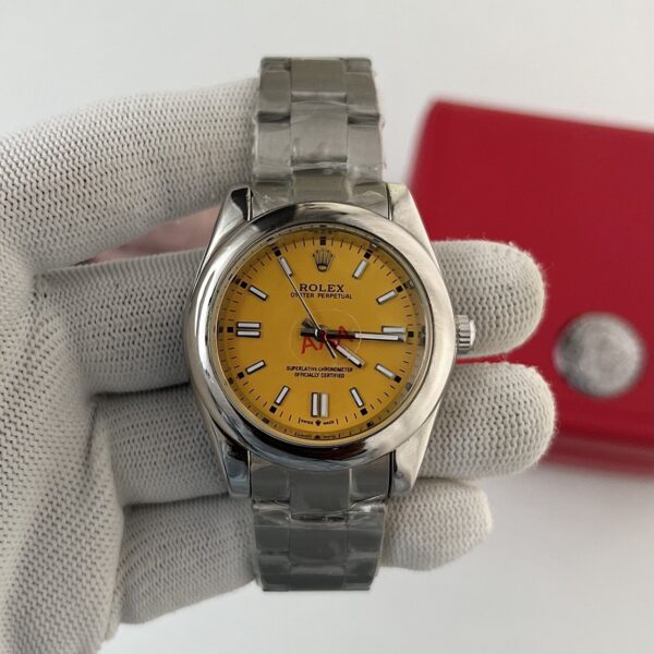 Rolex Oyster Perpetual Yellow Dial Silver Bracelet Automatic Men's Watch